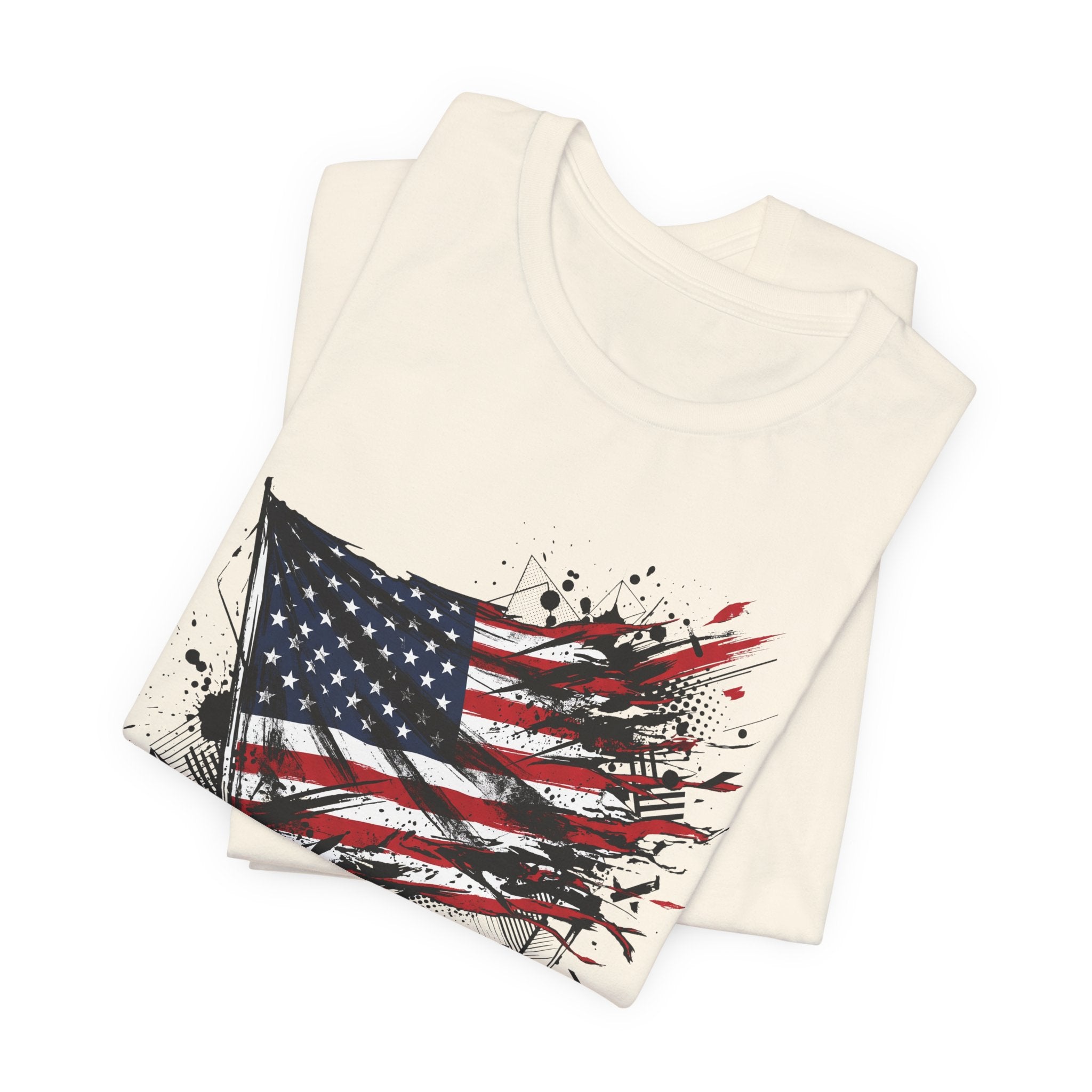 Distressed American flag t-shirt, cream, crew neck, front graphic (stacked)