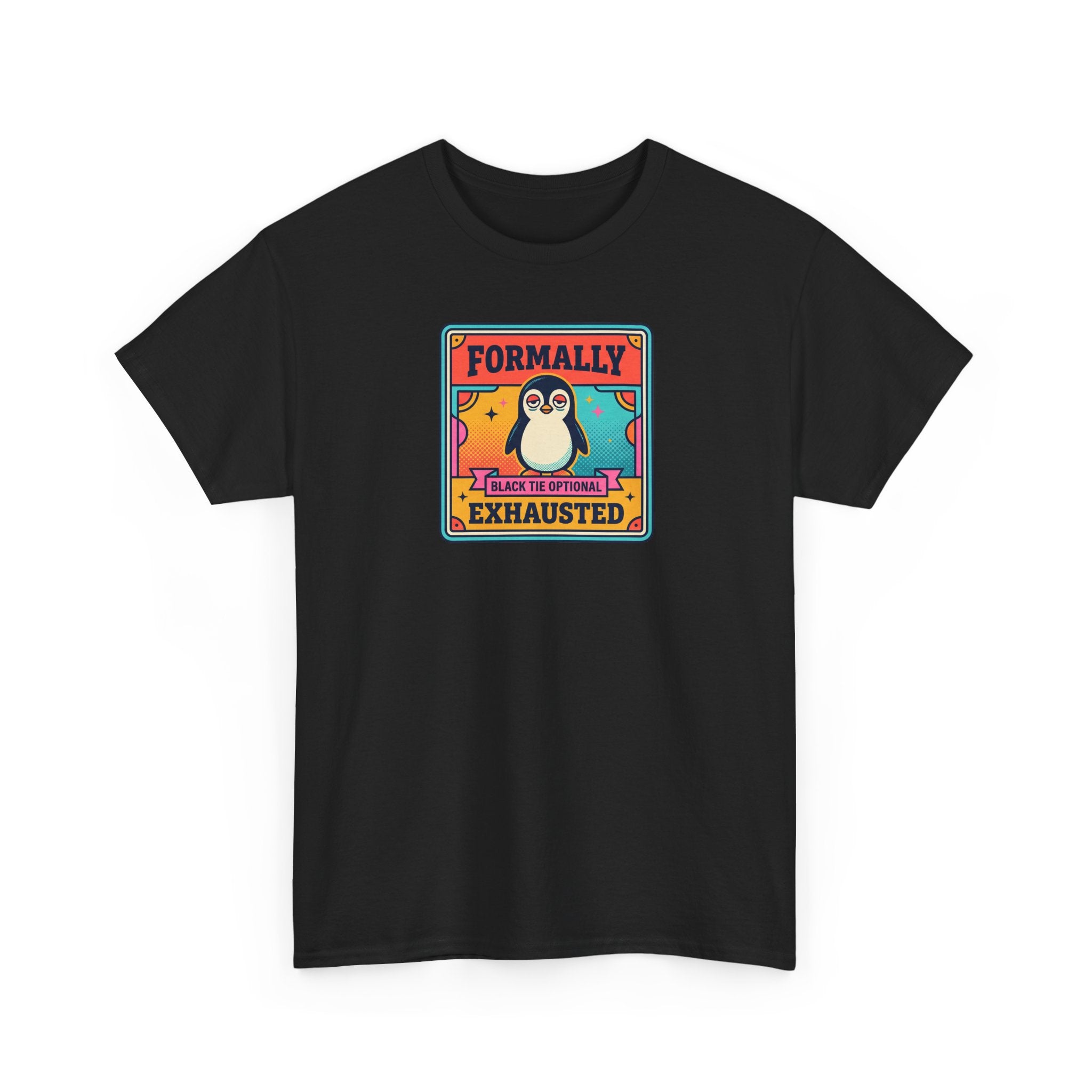 Black crewneck T-shirt with penguin graphic and badge text on chest.