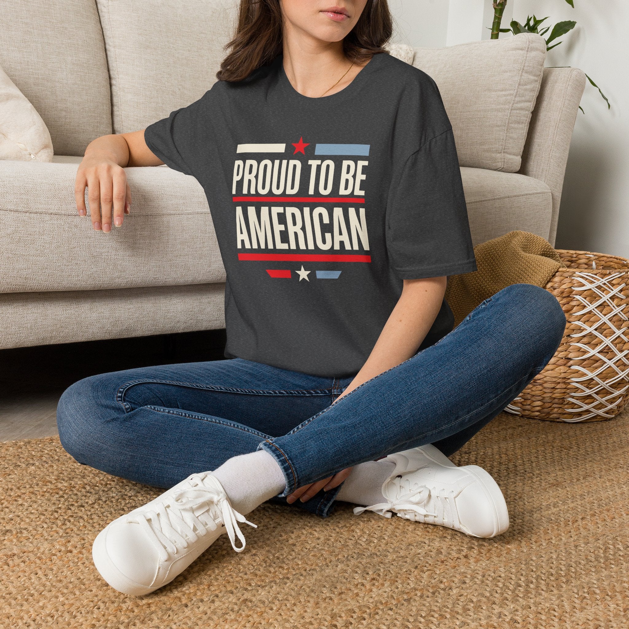 Dark gray T-shirt with "Proud To Be American" patriotic graphic