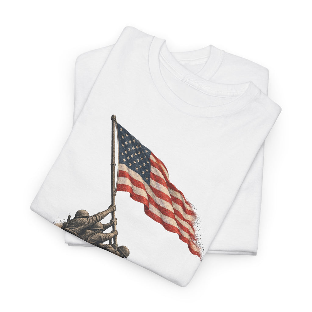White crewneck T-shirt with flag-raising soldier and American flag graphic