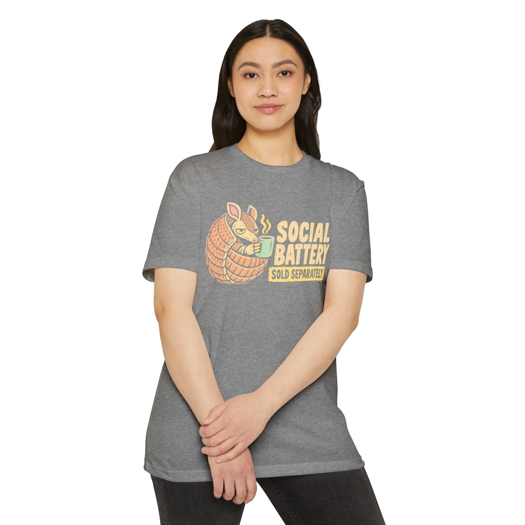 Gray graphic T-shirt with armadillo “SOCIAL BATTERY” text on the front