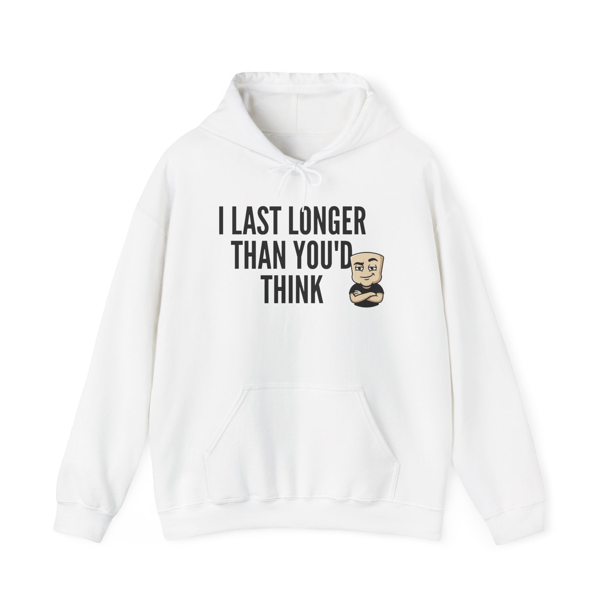 White hoodie with front pocket and drawstring hood, bearded face graphic on chest.