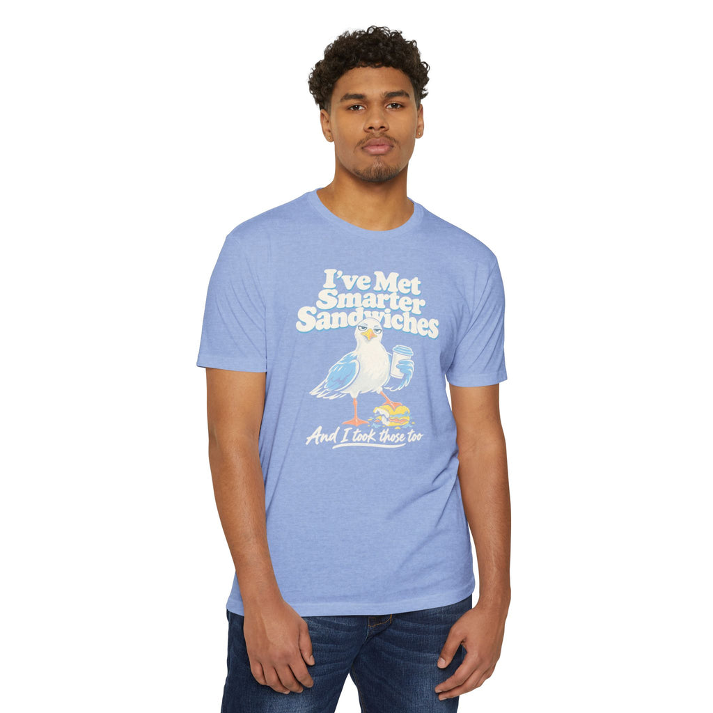 Light blue graphic T-shirt with seagull and text 'I've Met Smarter Sandwiches' front