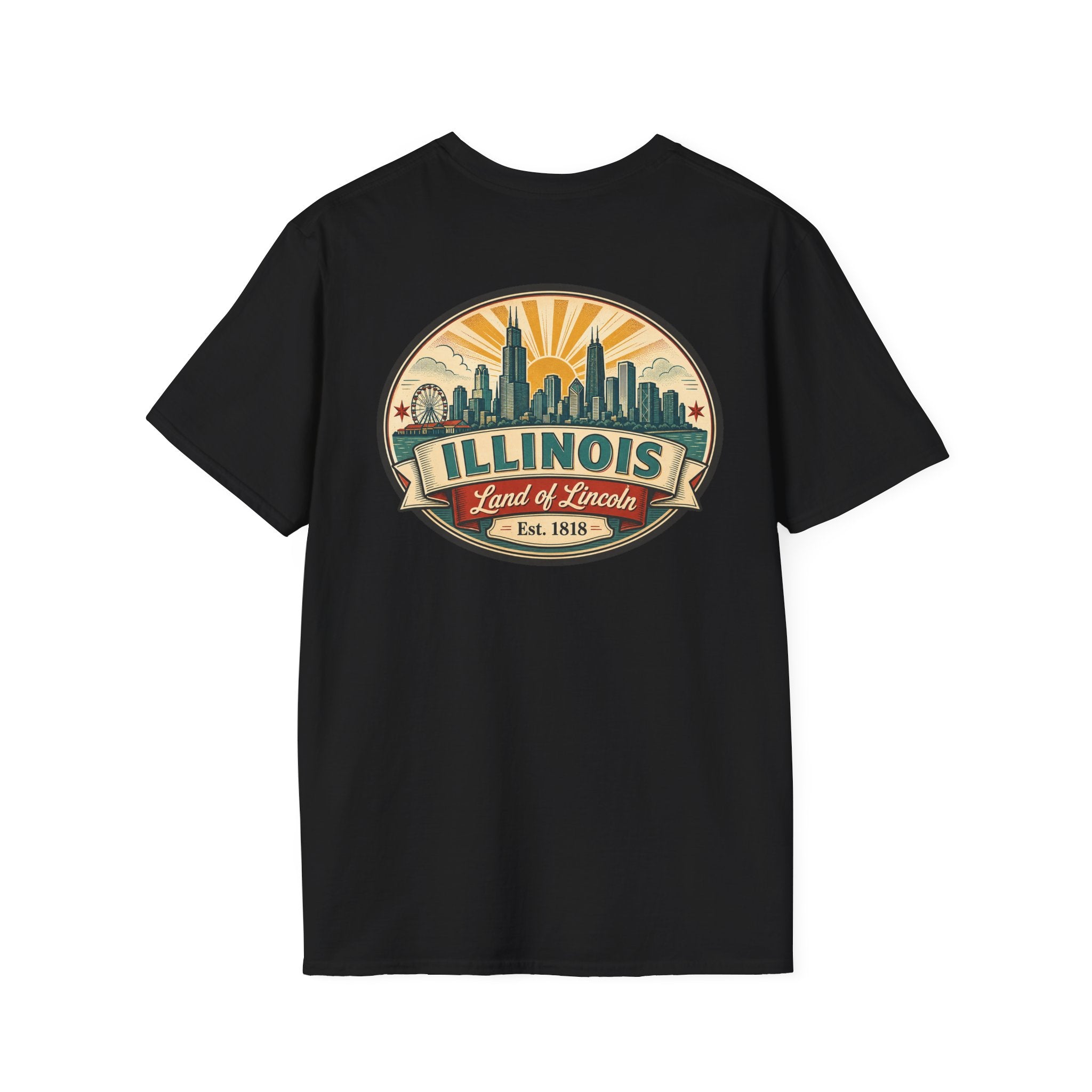 Black T-shirt with circular Illinois skyline badge, Est. 1818