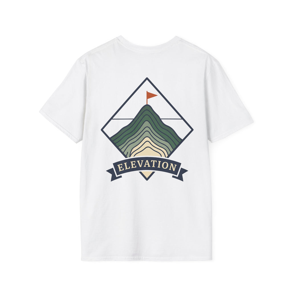 White T-shirt with mountain badge graphic and ELEVATION ribbon