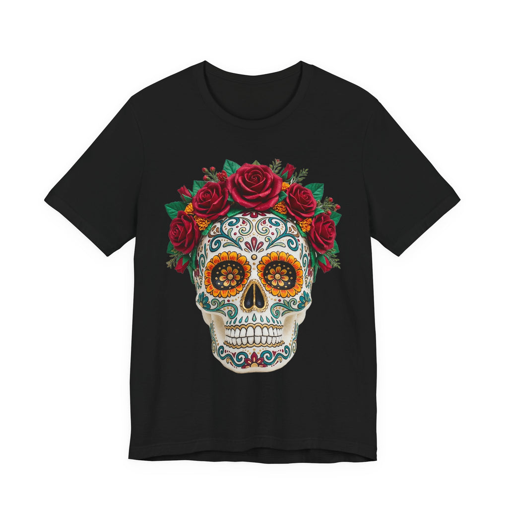 Black T-shirt with sugar skull and red rose crown graphic