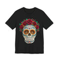 Black T-shirt with sugar skull and red rose crown graphic