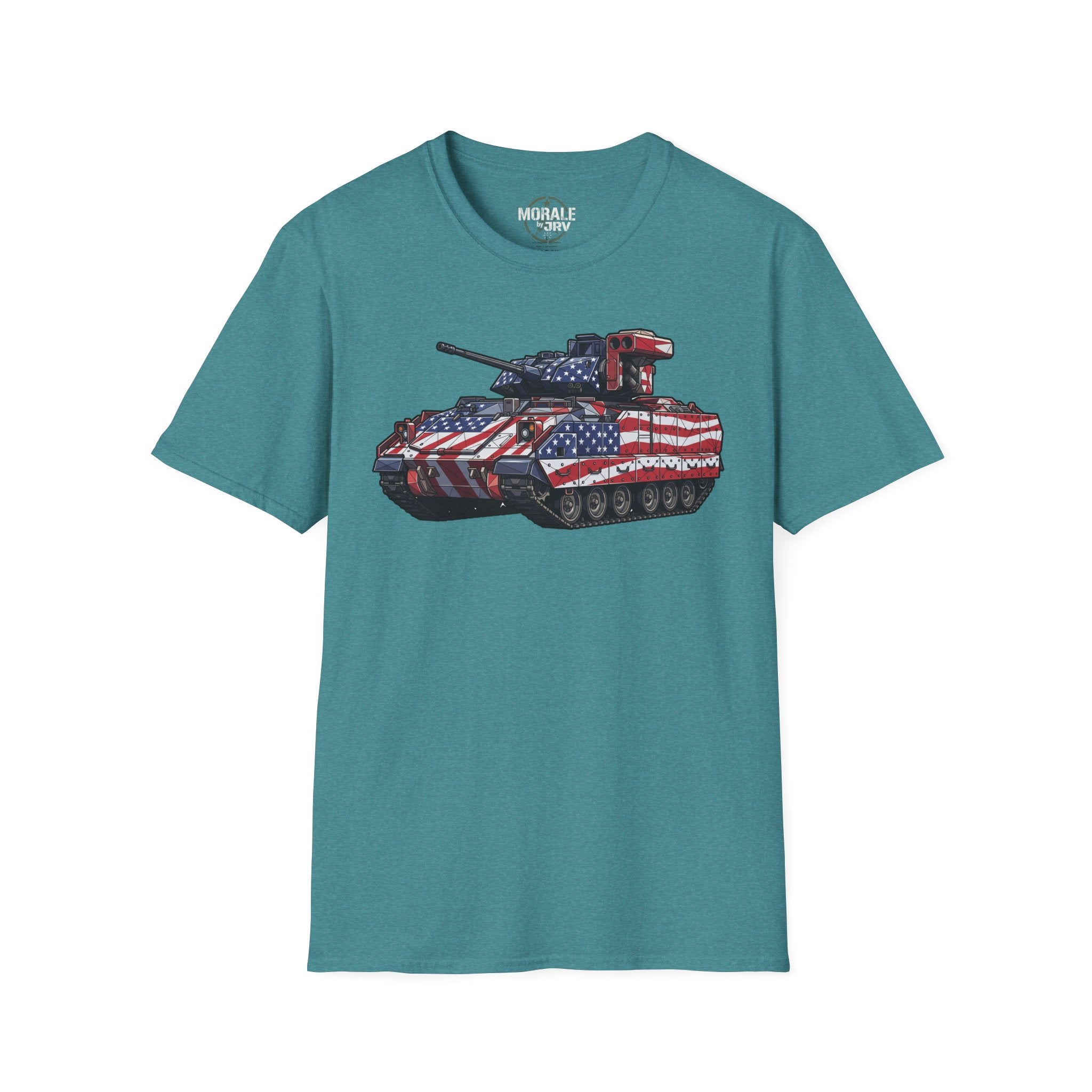 Heather Galapagos Blue T-shirt with American-flag military tank graphic on the chest