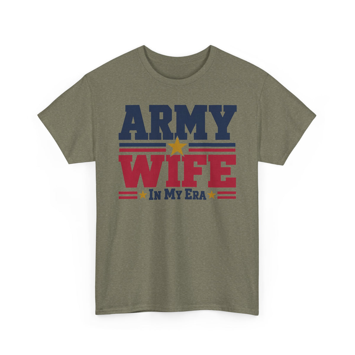 Green crewneck graphic t-shirt with retro "Army Wife" patriotic text and star