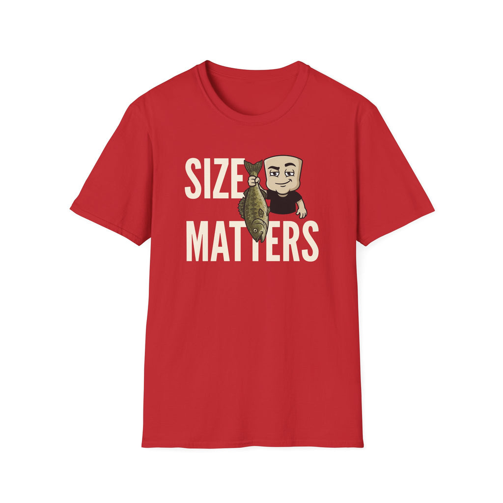 Red T-shirt with “SIZE MATTERS” graphic of a man holding a fish