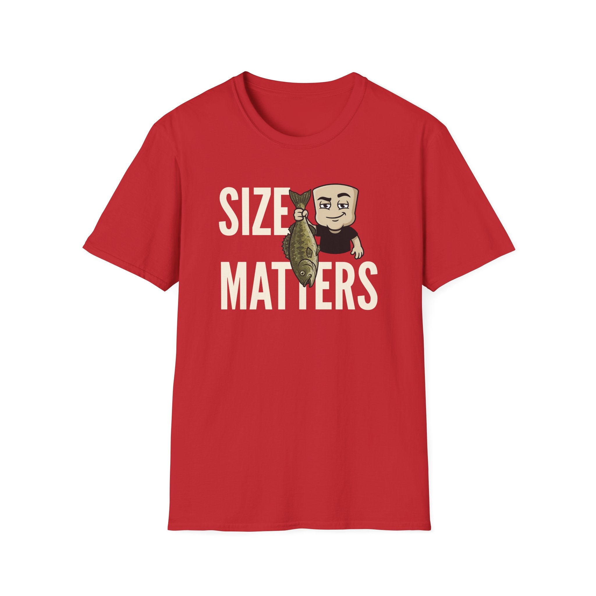 Red T-shirt with “SIZE MATTERS” graphic of a man holding a fish
