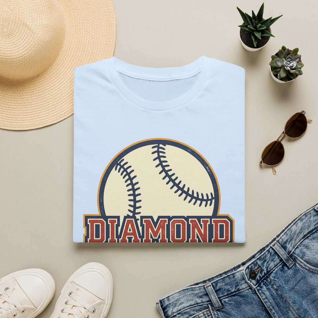 Light blue crew-neck baseball T-shirt with baseball “DIAMOND” graphic