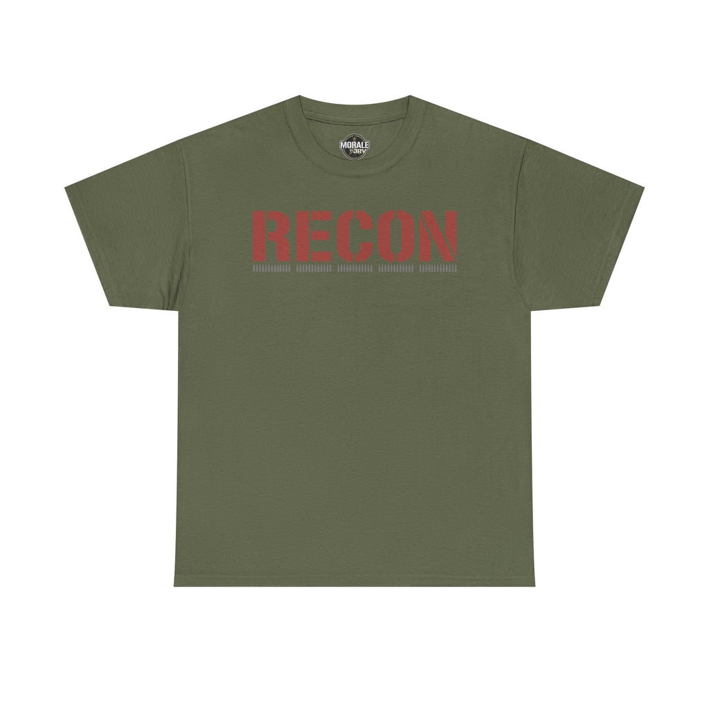 Olive green unisex graphic T-shirt with large 'RECON' stencil logo on chest