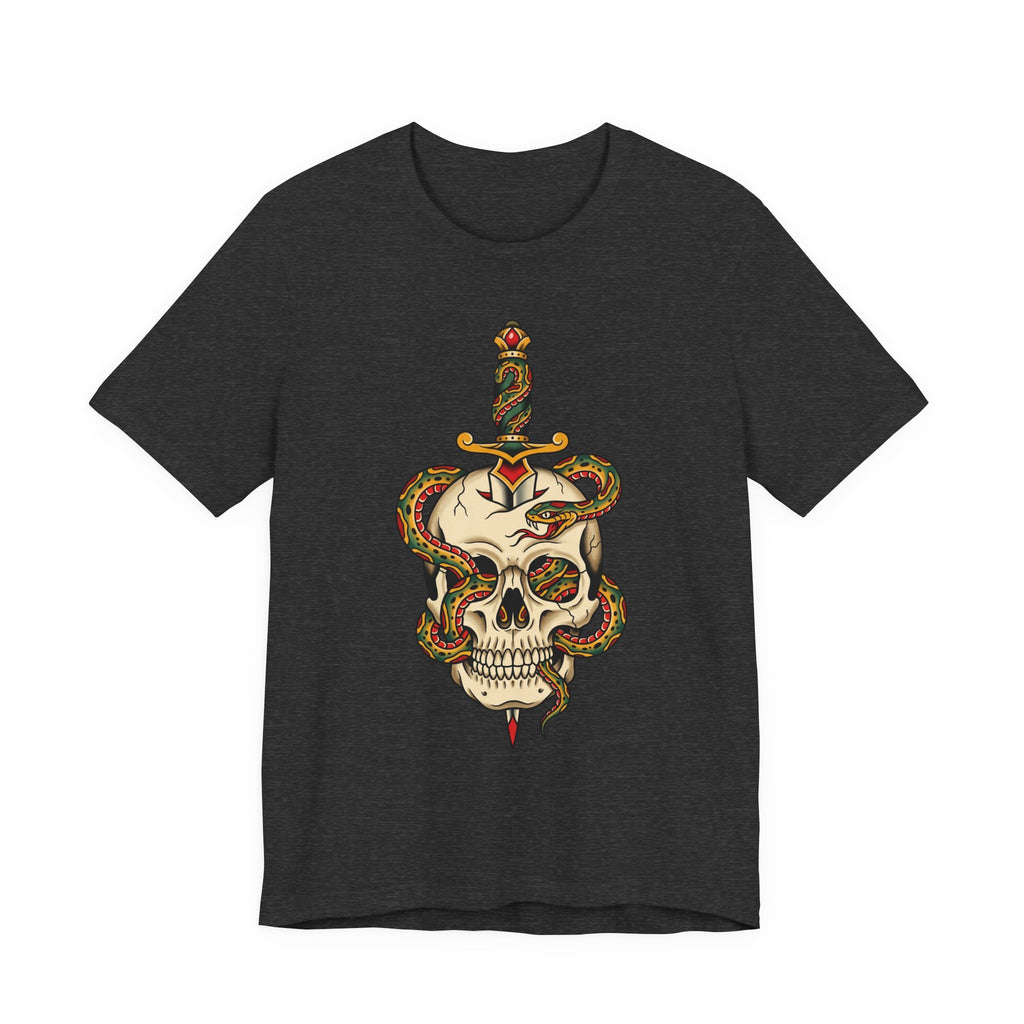 Dark heather unisex T-shirt with snake-wrapped skull and dagger graphic