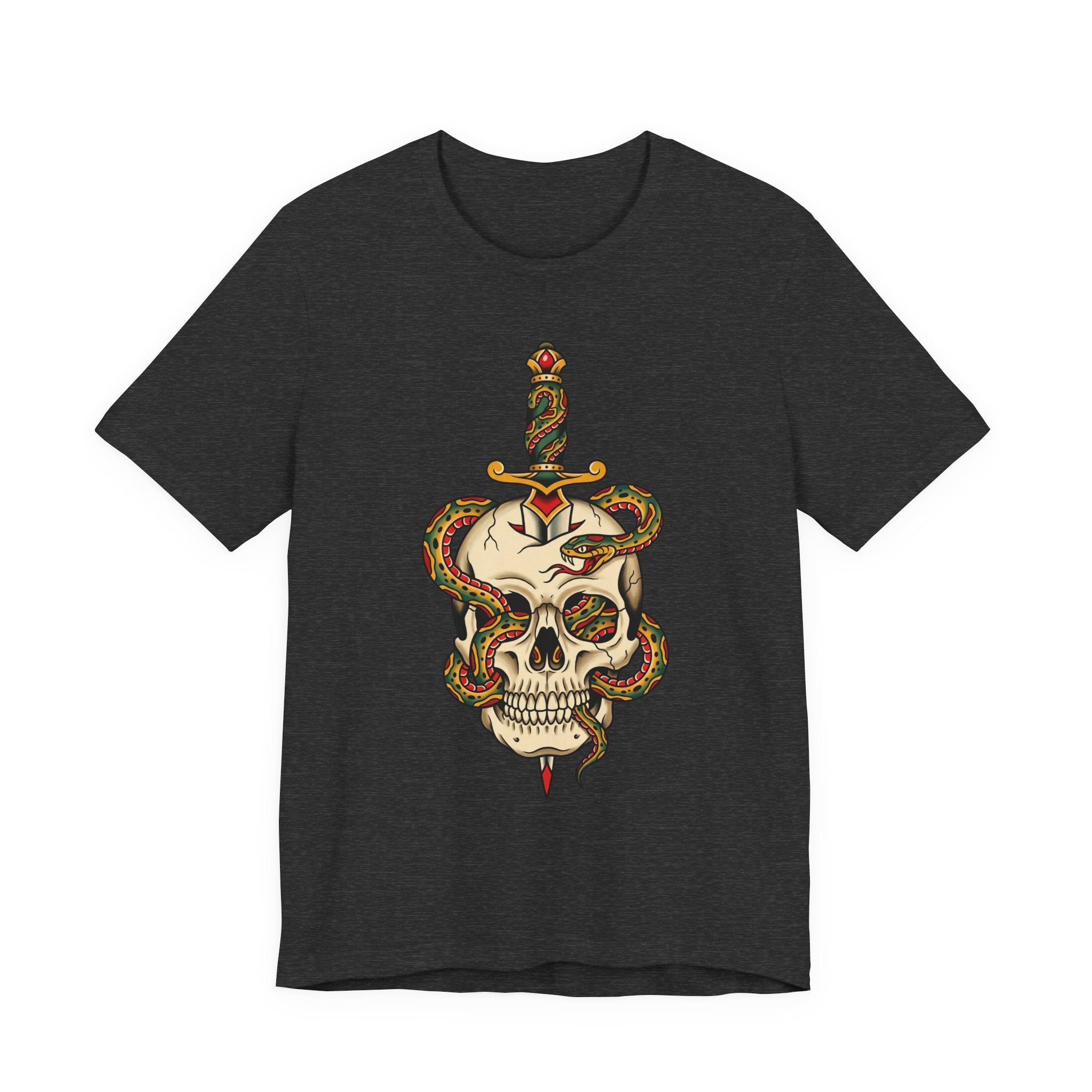 Dark heather unisex T-shirt with snake-wrapped skull and dagger graphic