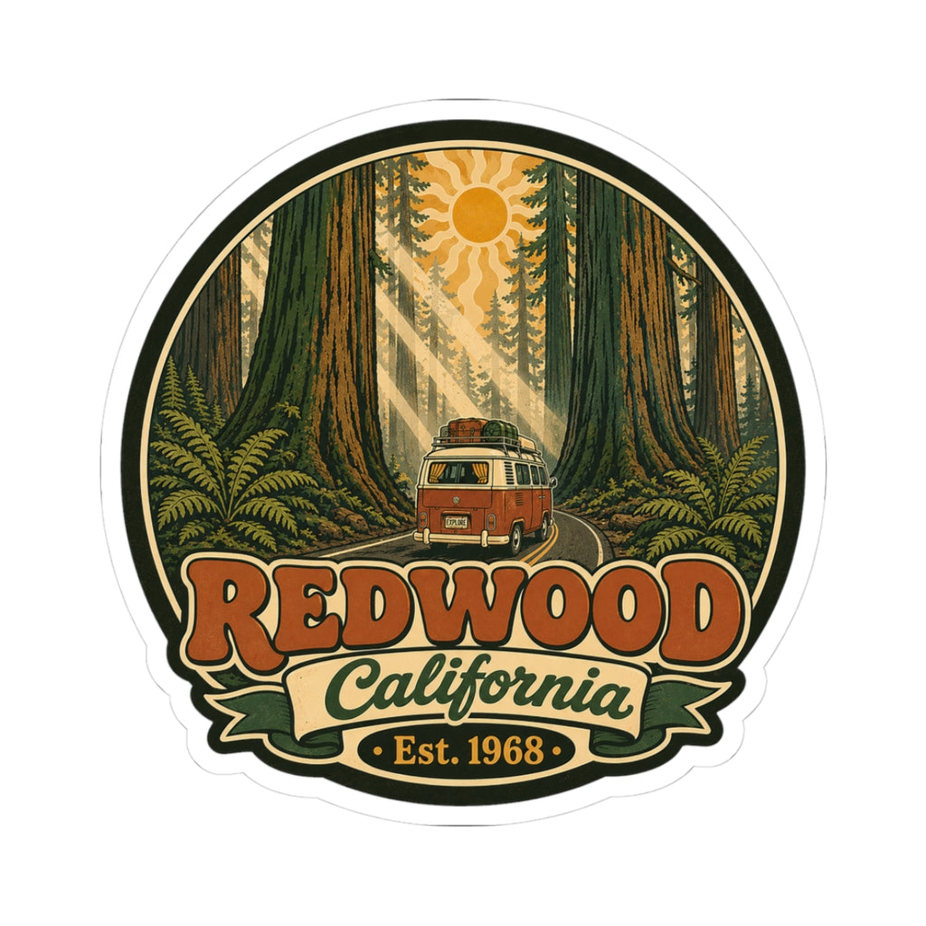 Round outdoor sticker with redwood forest scene, camper van, sun, and “Redwood California” text.