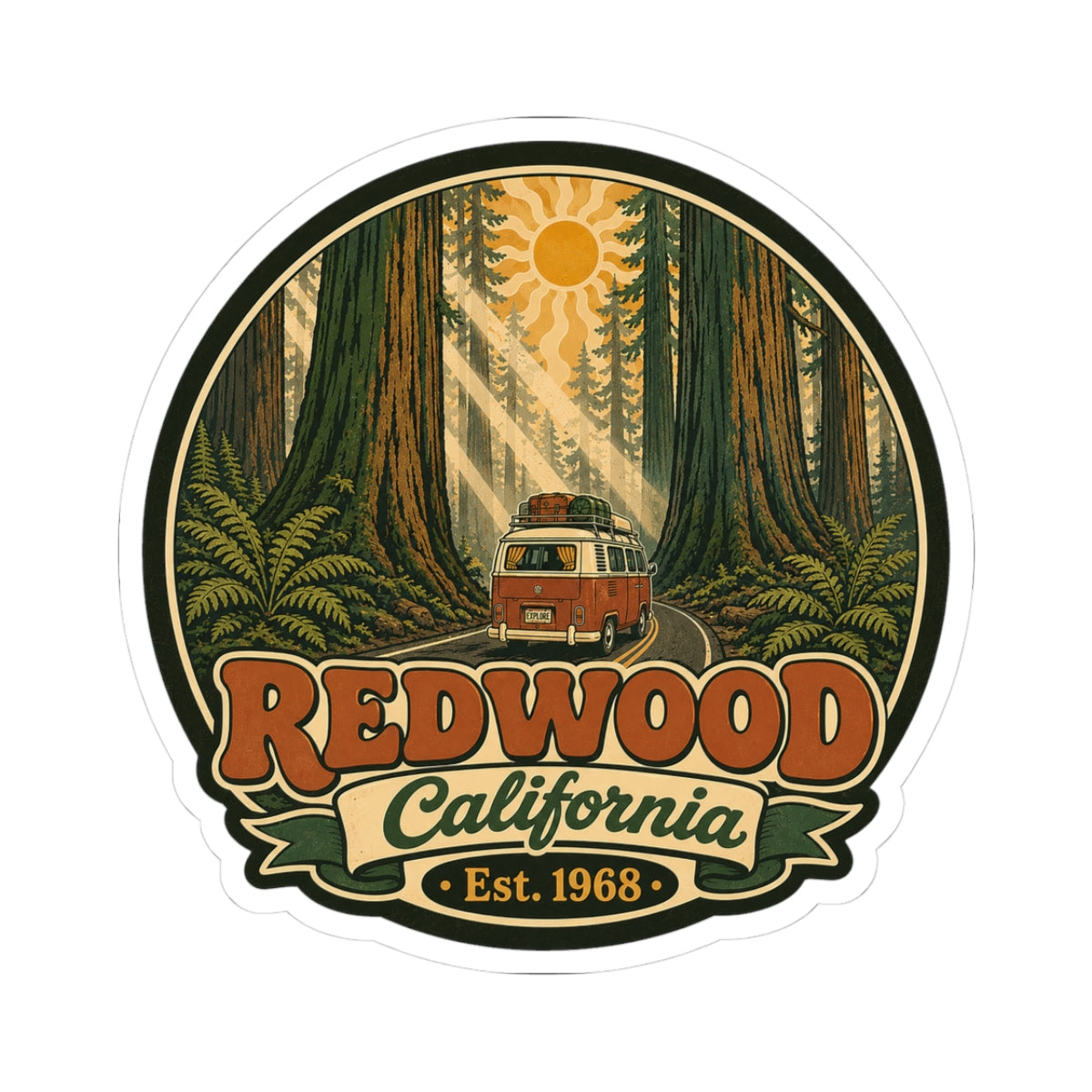 Round outdoor sticker with redwood forest scene, camper van, sun, and “Redwood California” text.