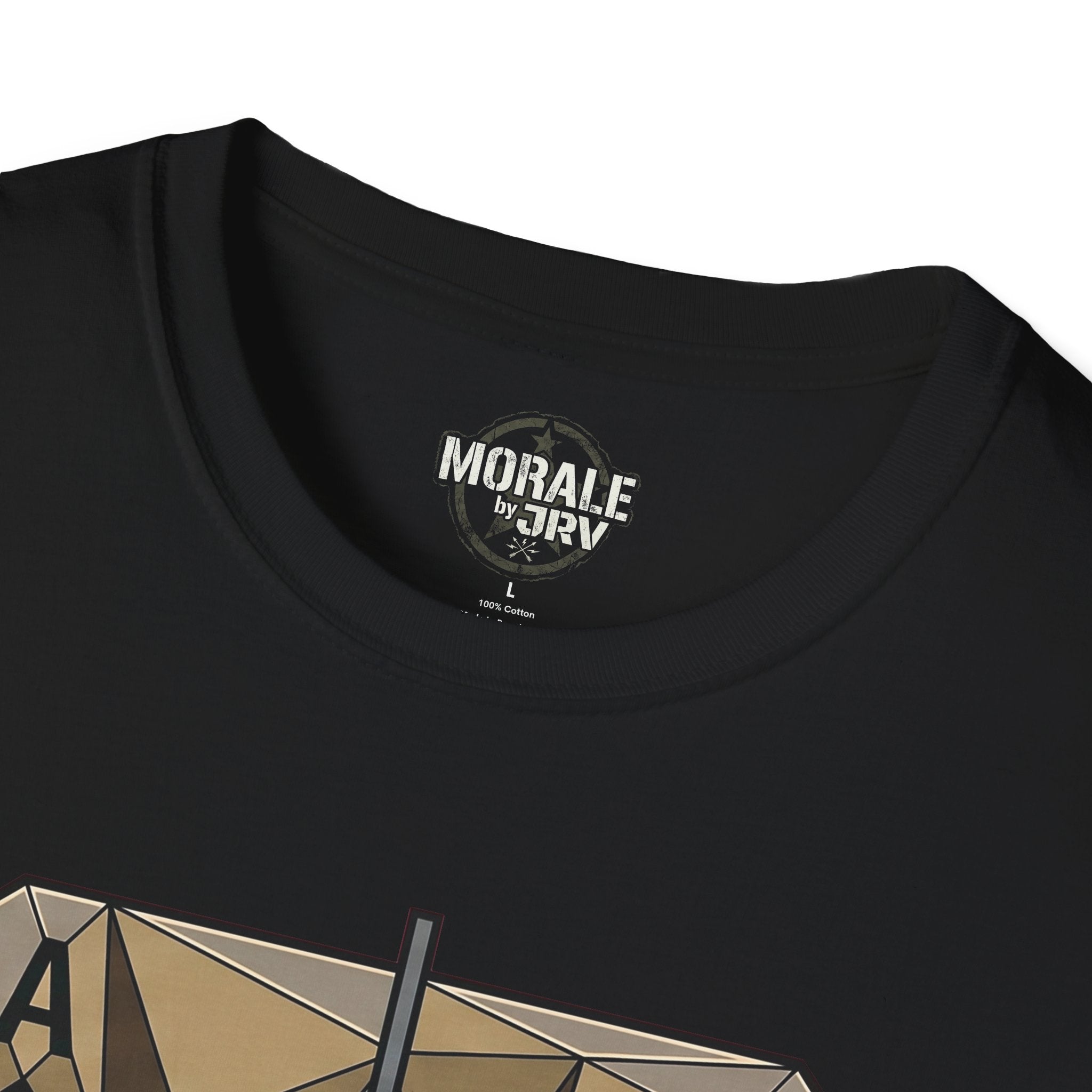 Black T-shirt collar with neck label; top of spade/target print