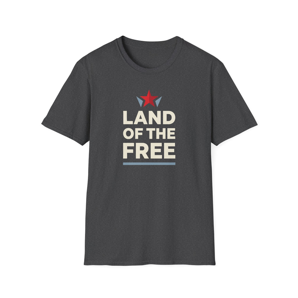 Charcoal T-shirt with red star graphic and white Land of the Free lettering