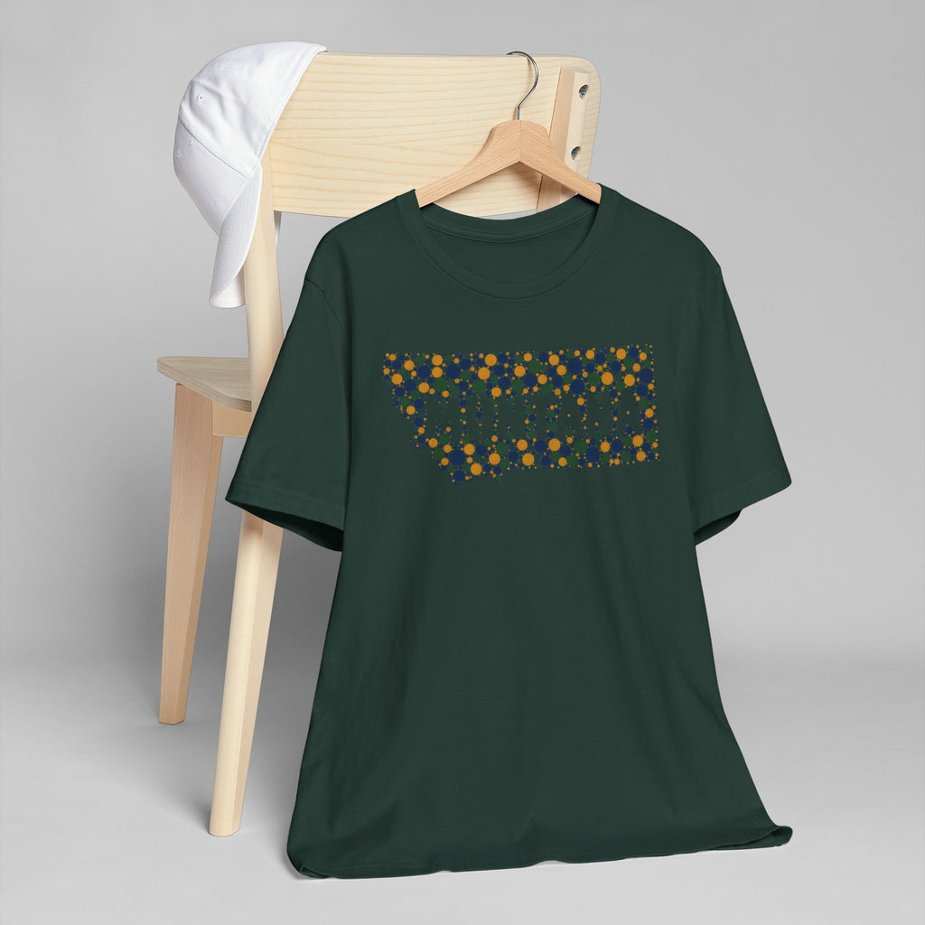 Dark green T-shirt with colorful dotted rectangular Montana outline graphic.