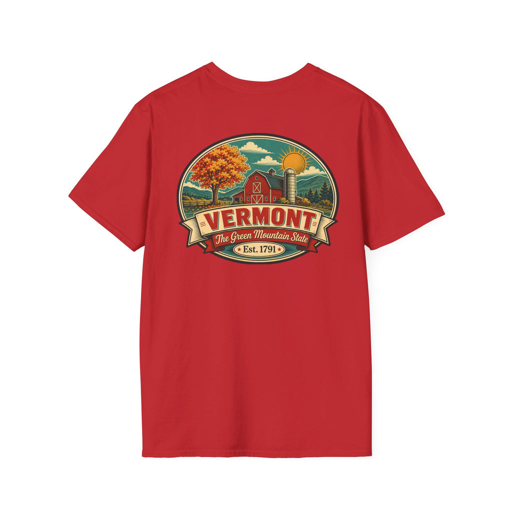 Red T-shirt with Vermont badge graphic print, short sleeves, crew neck