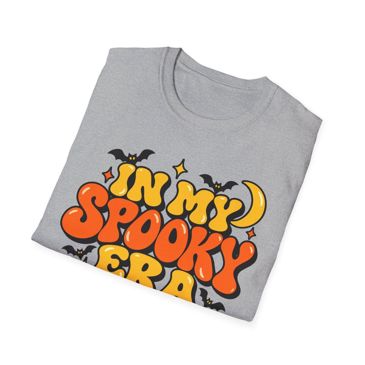 Heather gray crew-neck T-shirt with Halloween bubble-letter design and bat accents