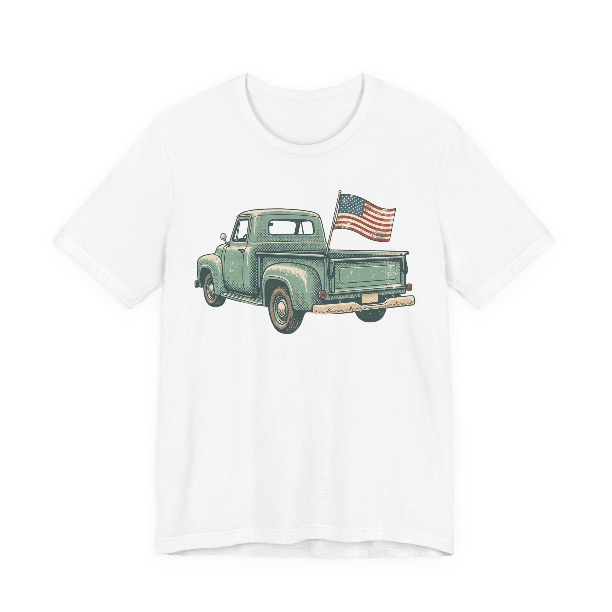 White T-shirt with green pickup truck and American flag graphic