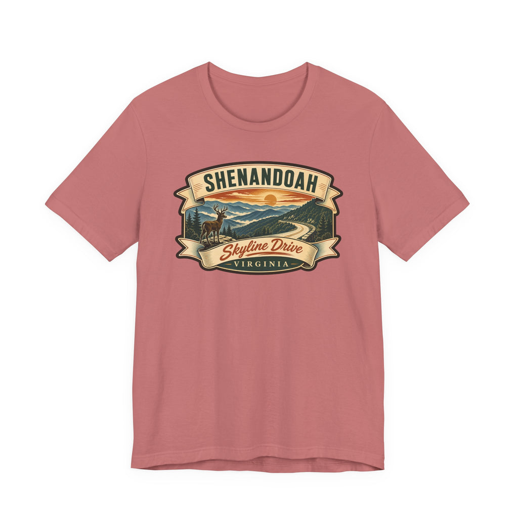 Mauve crewneck T-shirt with vintage Skyline Drive Virginia badge graphic