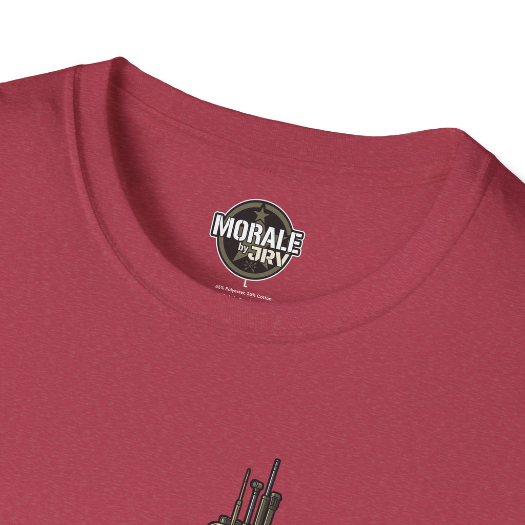 Maroon T-shirt neckline with small “MORAL” by DRIV logo