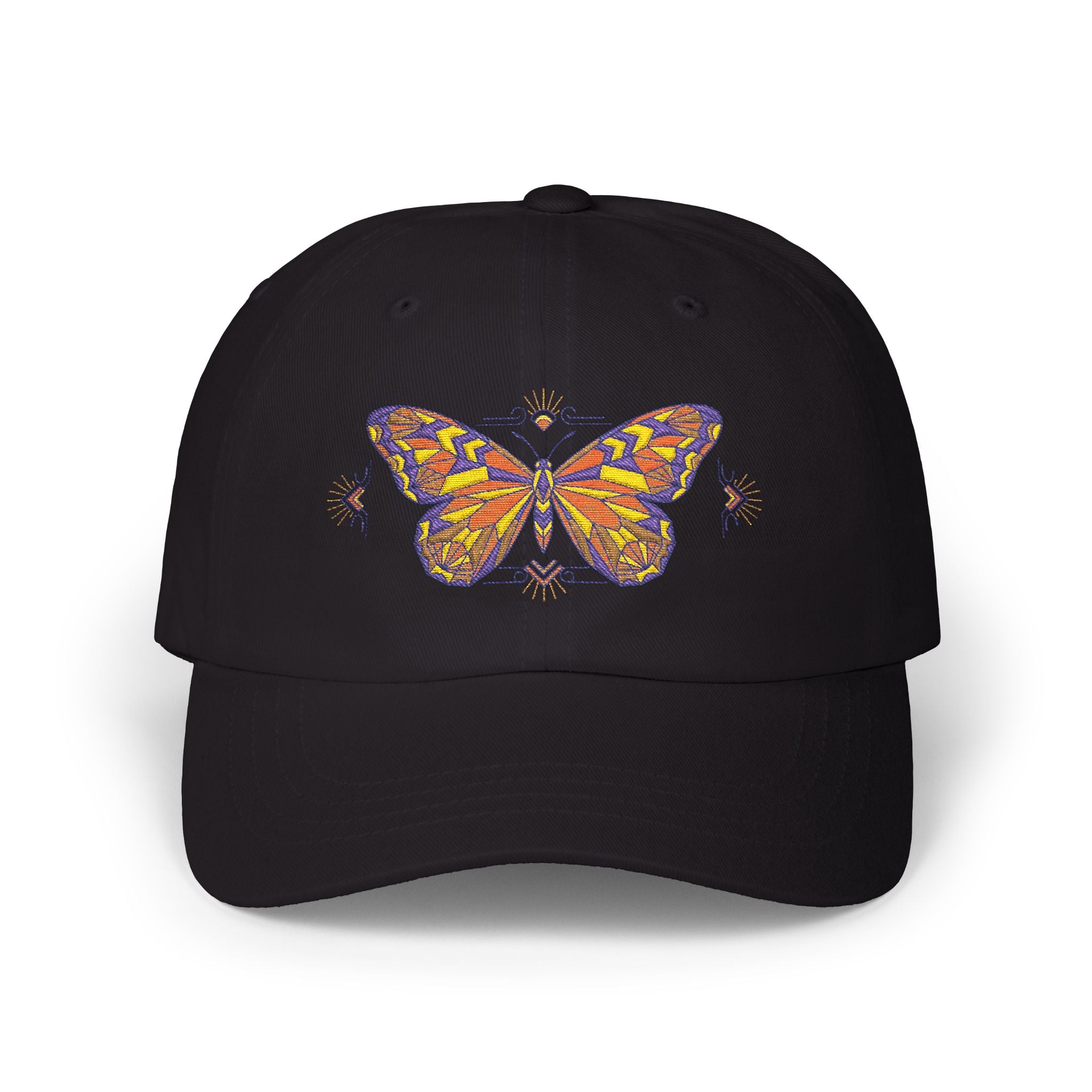 Black dad cap with colorful butterfly-moth embroidery on the front panel