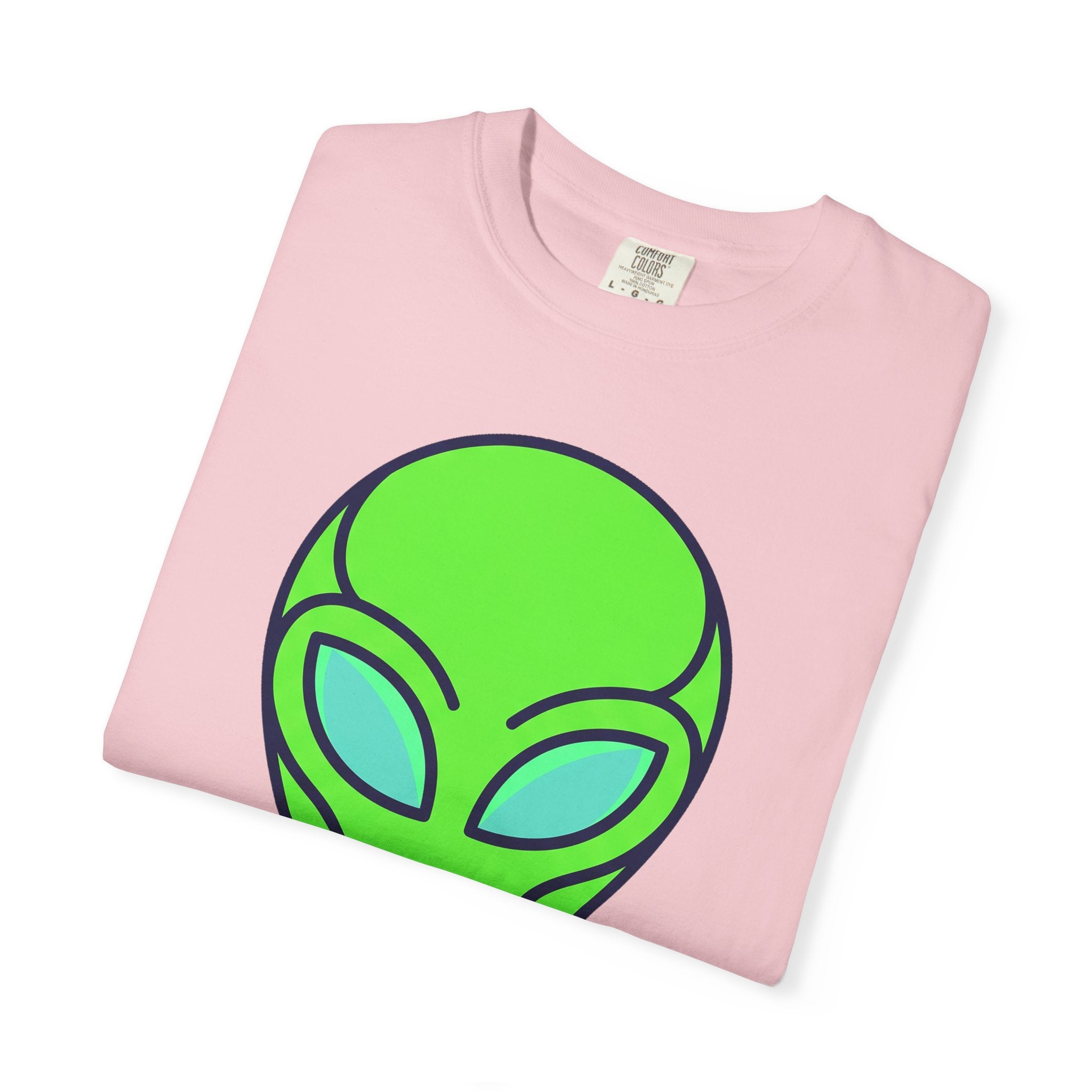 Light pink crew-neck T-shirt with green alien face graphic, short sleeves