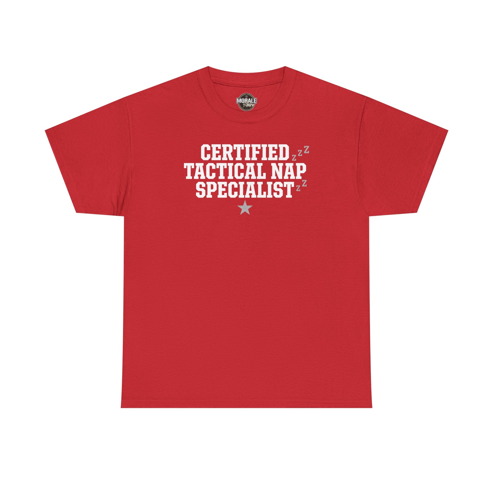 Red crew-neck T-shirt with “Certified Tactical Nap Specialist” text graphic and star