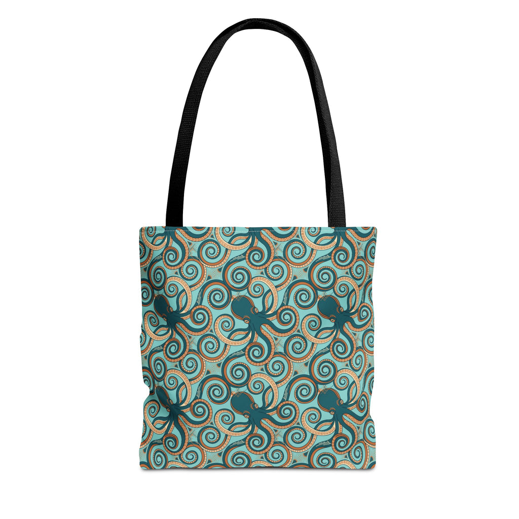 Teal tote bag with all-over octopus swirl pattern and black handles