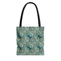 Teal tote bag with all-over octopus swirl pattern and black handles