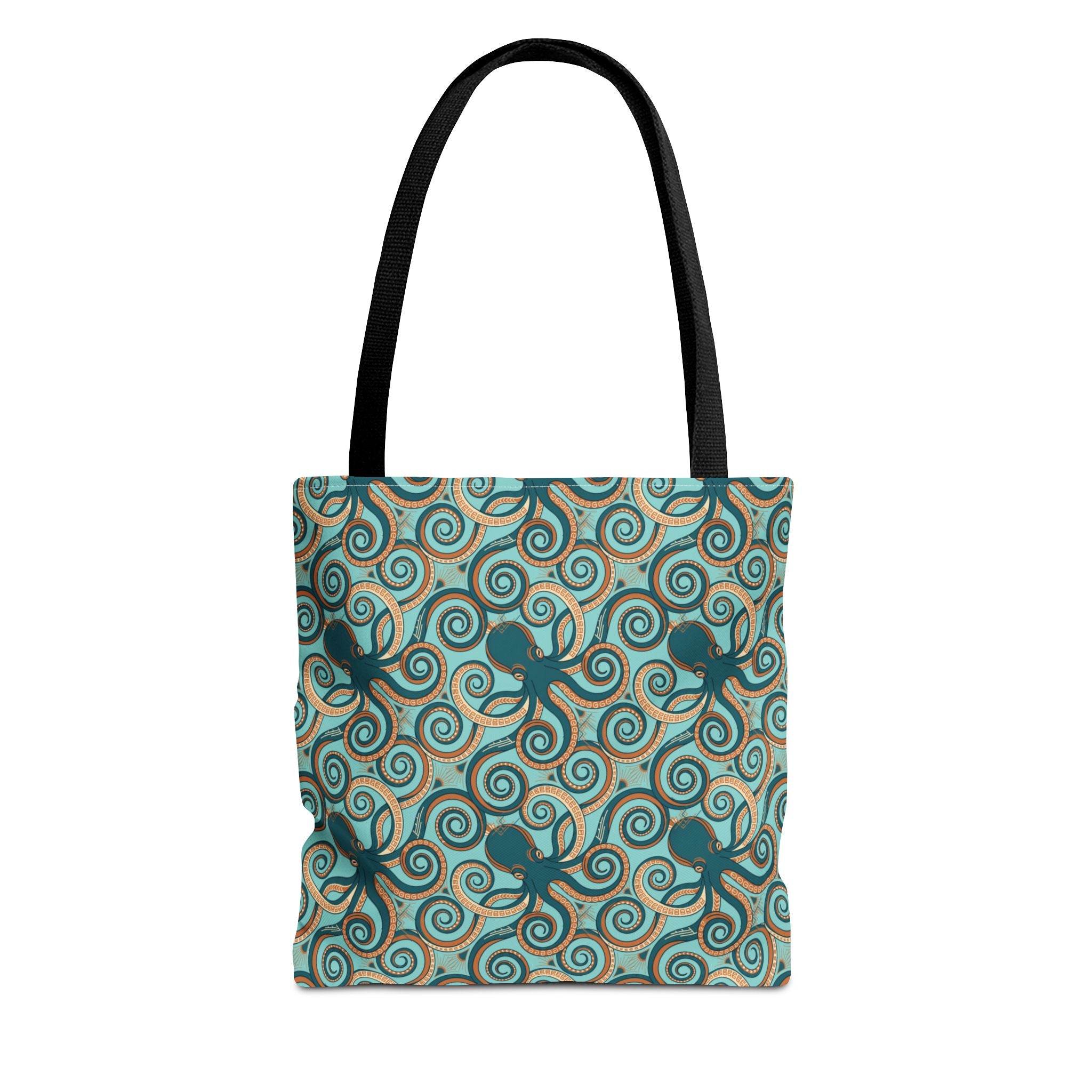 Teal tote bag with all-over octopus swirl pattern and black handles