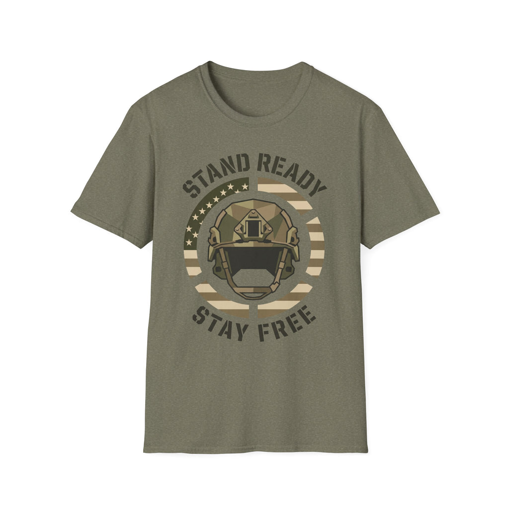 Olive green crew-neck military helmet graphic t-shirt with circular “Stand Ready Stay Free” print