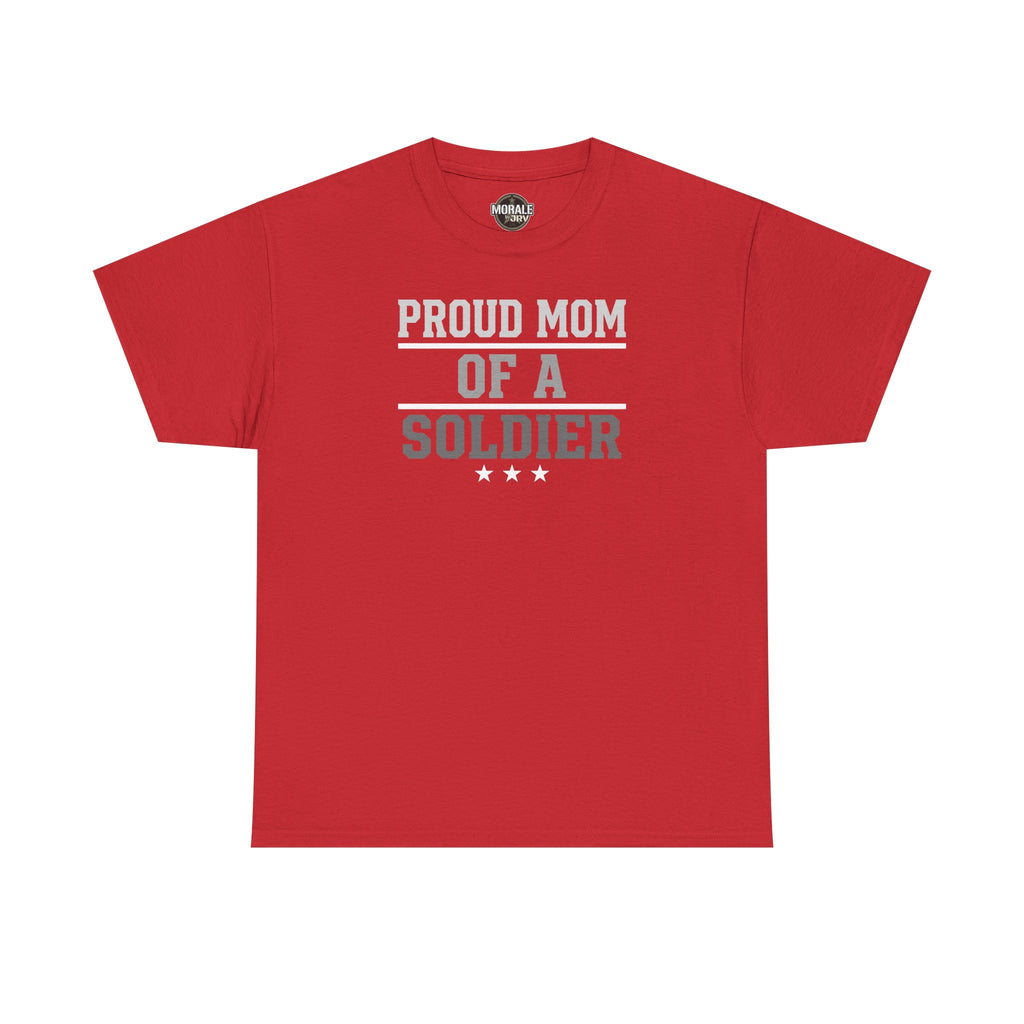 Red crewneck T-shirt with “Proud Mom of a Soldier” graphic and three stars