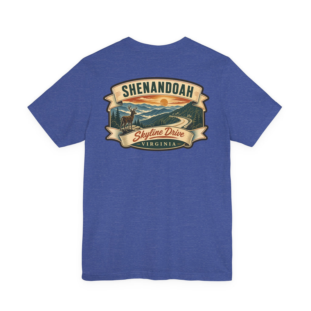 Royal blue crewneck t-shirt with Shenandoah Skyline Drive graphic logo