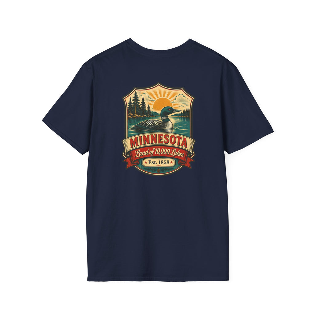 Navy T-shirt with Minnesota retro lake badge graphic at chest
