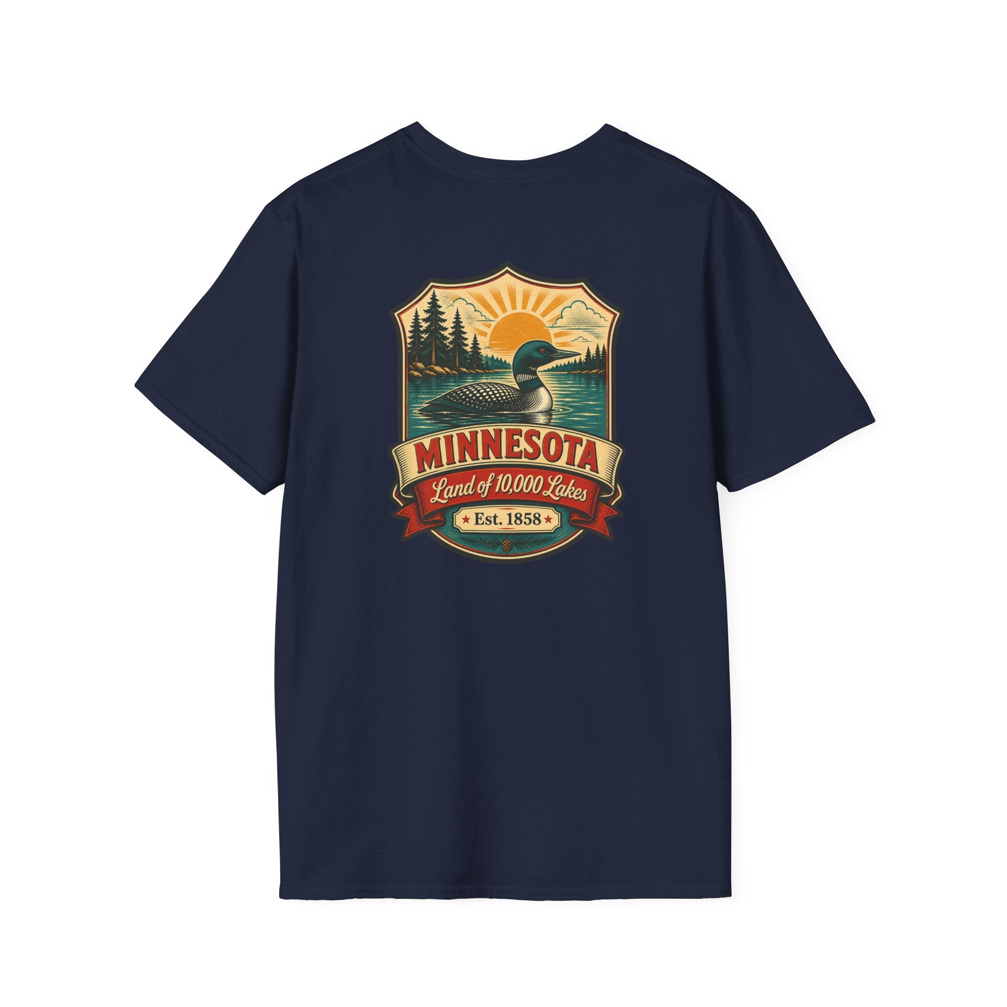 Navy T-shirt with Minnesota retro lake badge graphic at chest