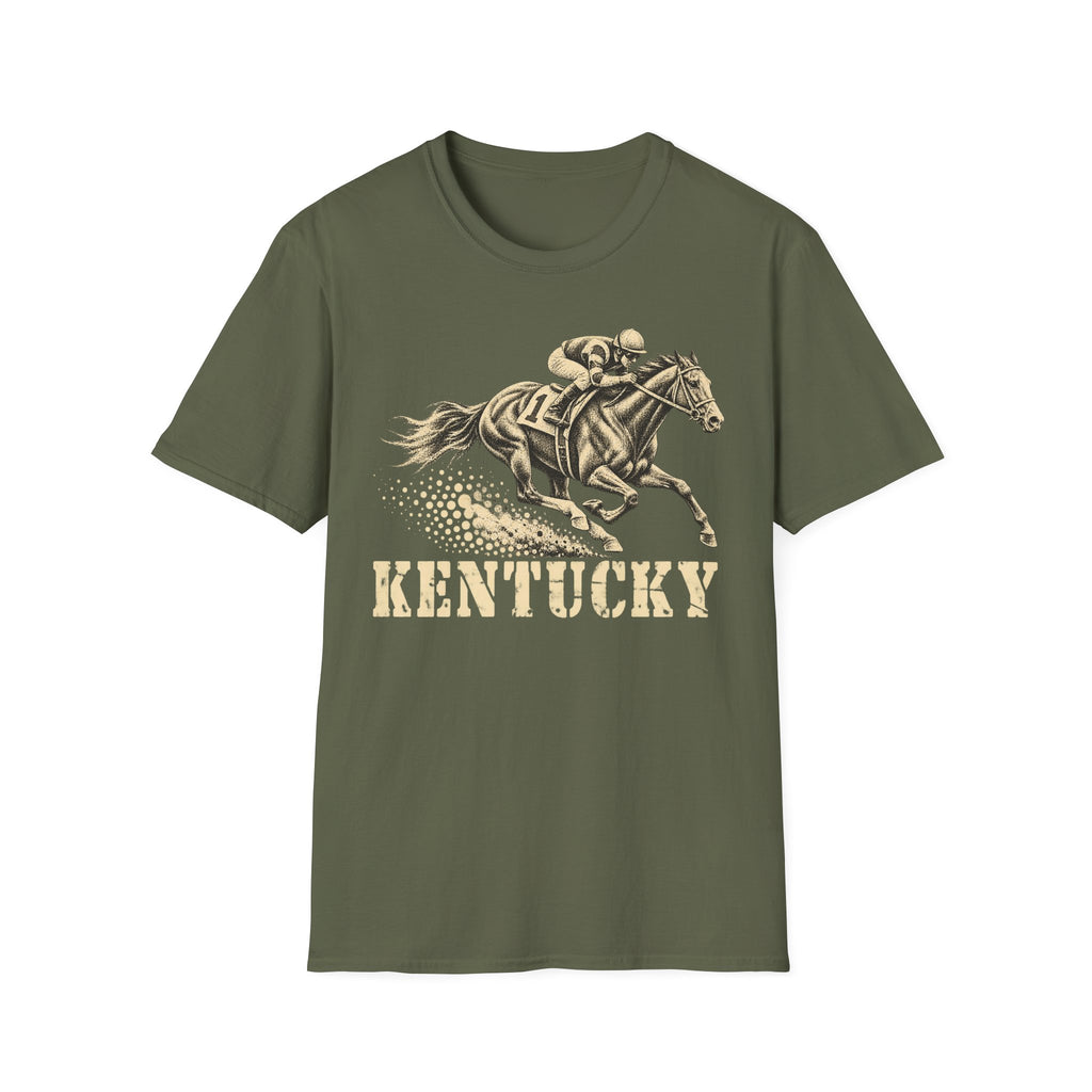 Dark green t-shirt with jockey on galloping racehorse and 'KENTUCKY' graphic print