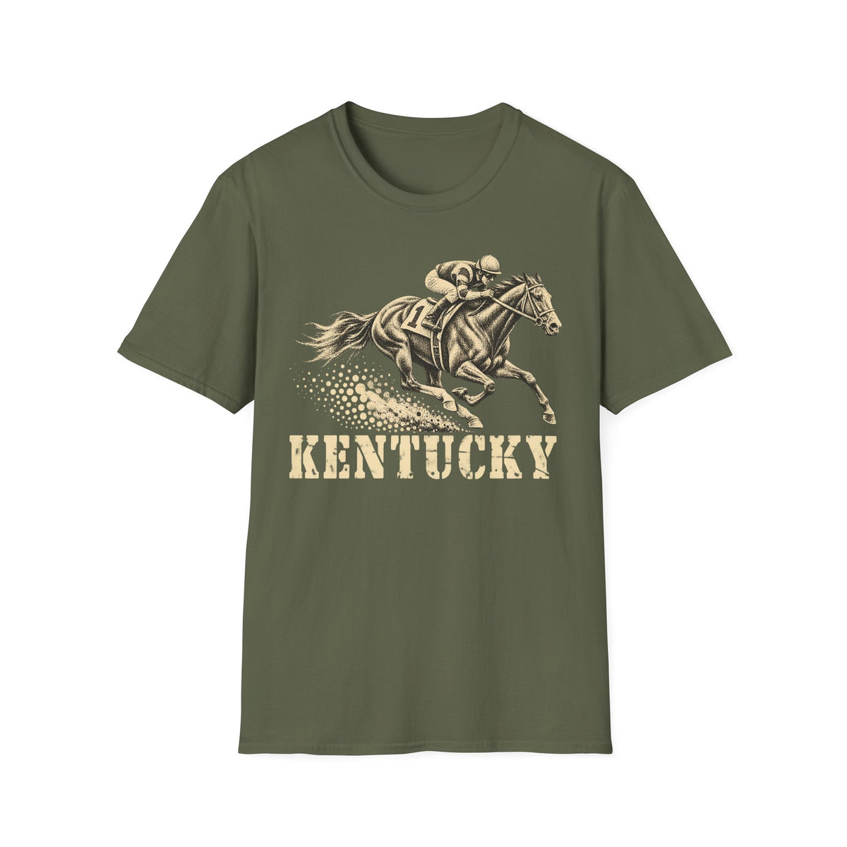 Dark green t-shirt with jockey on galloping racehorse and 'KENTUCKY' graphic print