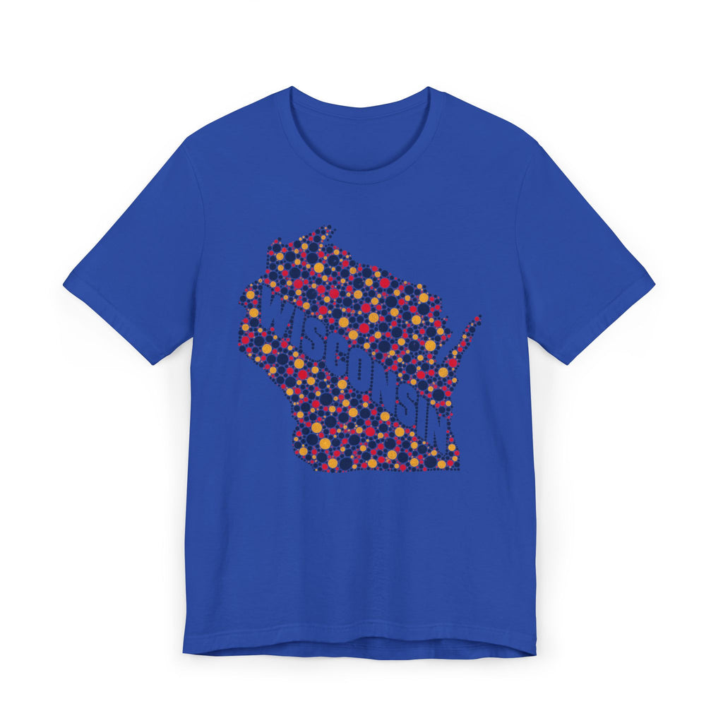 Blue T-shirt with colorful dotted Wisconsin map floral graphic on the front