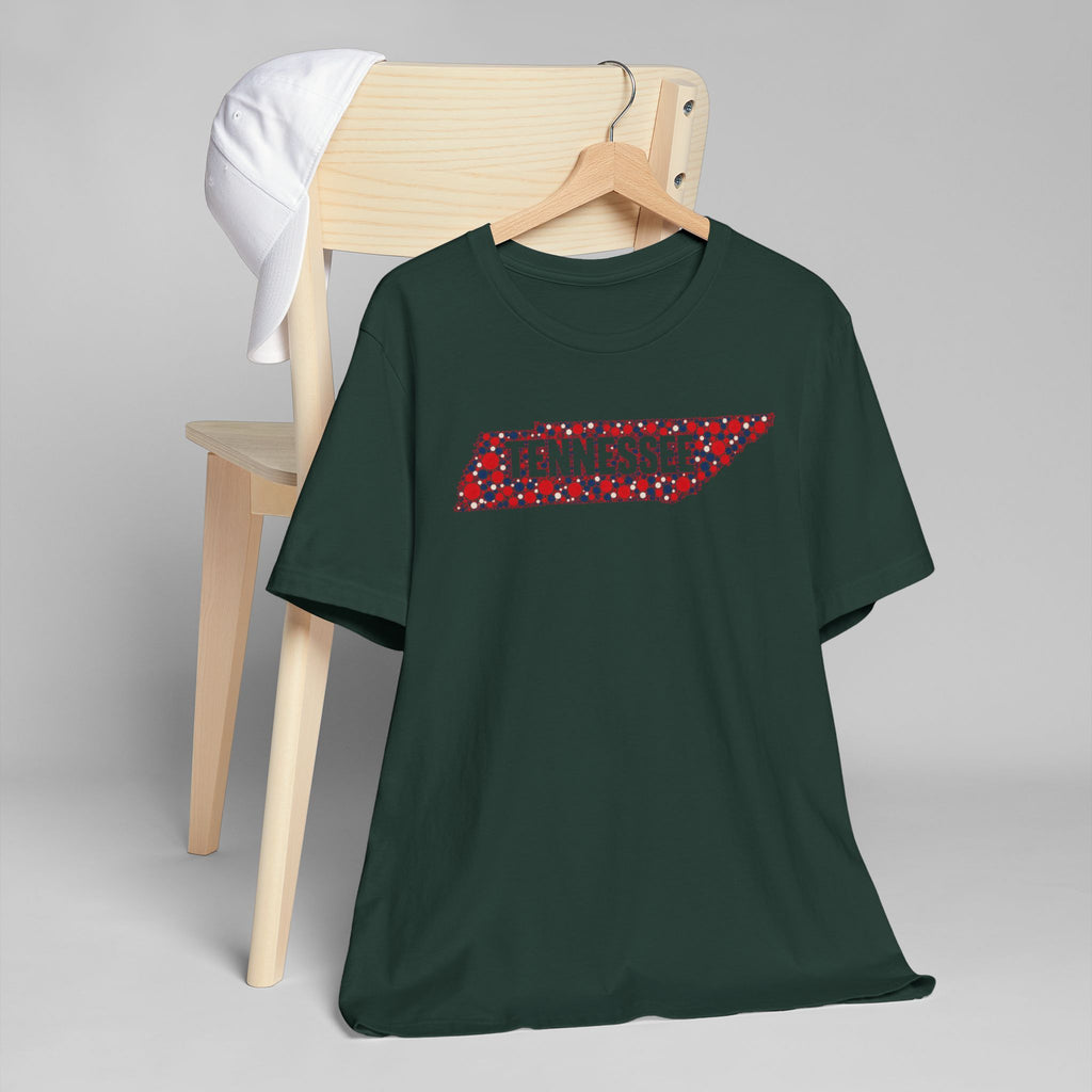 Dark green crewneck T-shirt with colorful Tennessee outline floral graphic