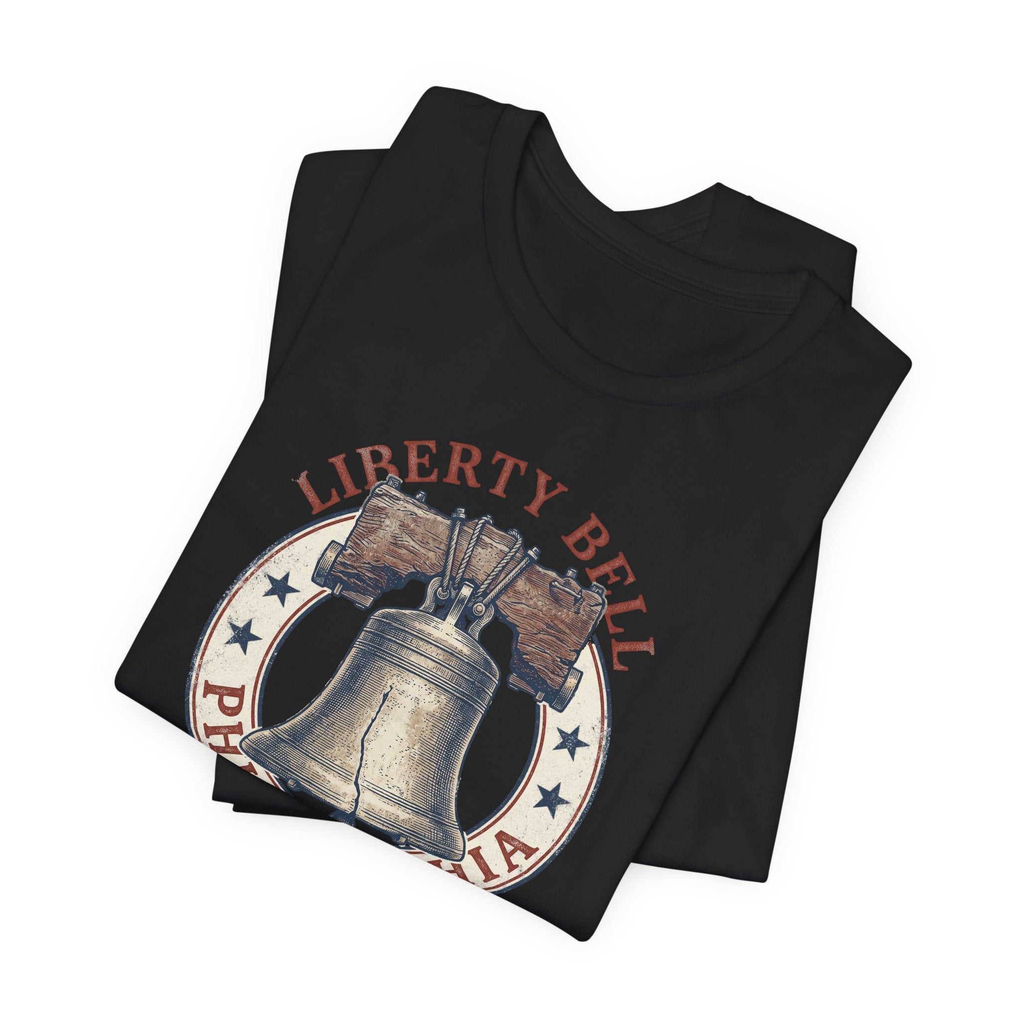 Black crewneck T-shirt with Liberty Bell graphic print on the chest