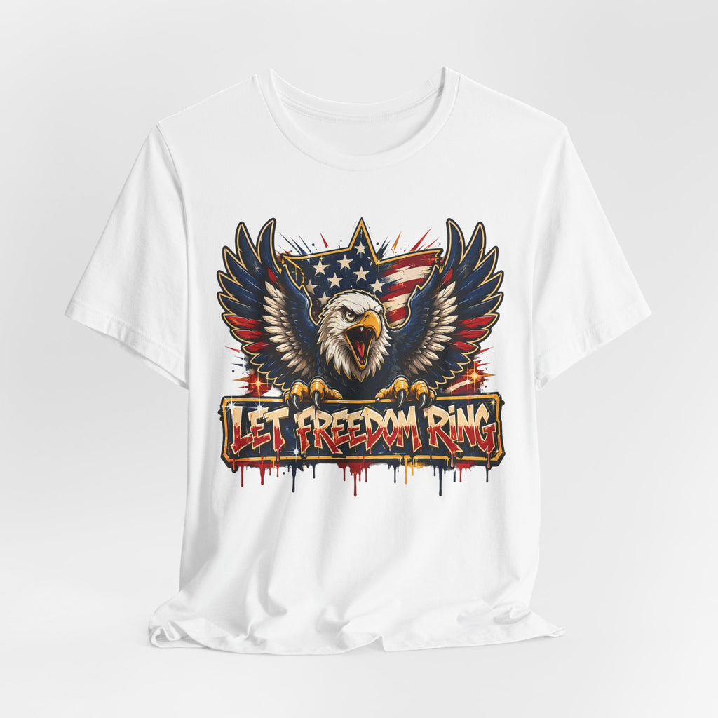 White graphic T-shirt with bald eagle wings and red-white stripes banner reading Let Freedom Ring