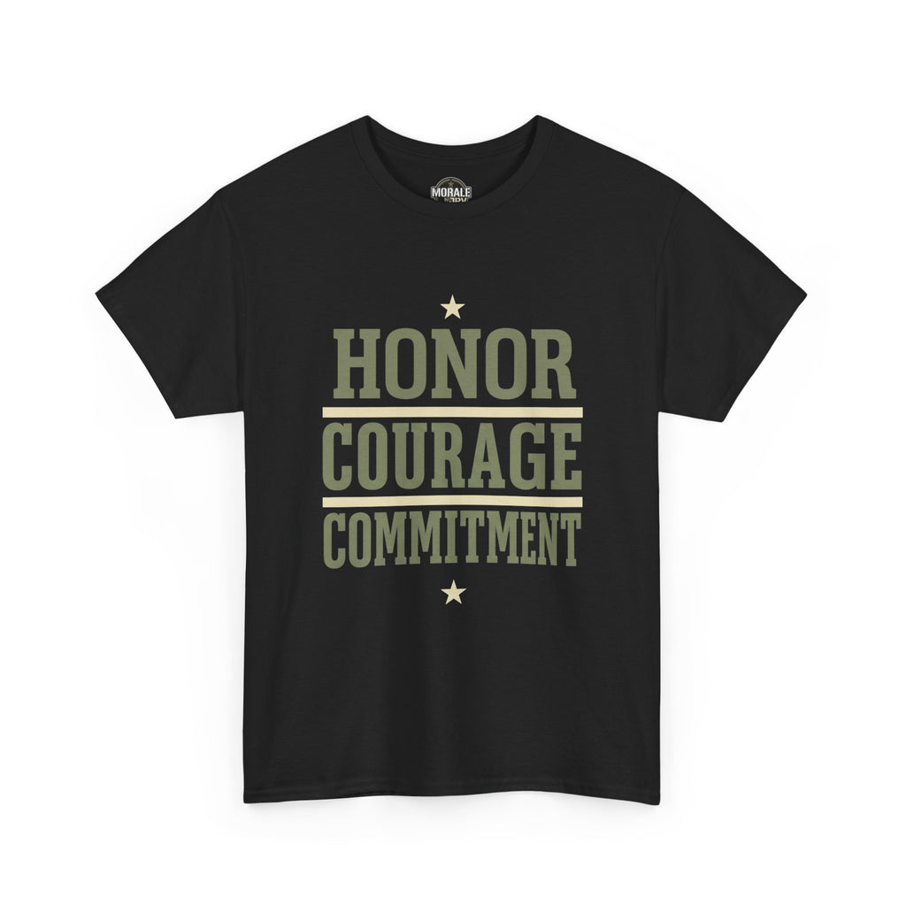 Black crewneck T-shirt with “HONOR COURAGE COMMITMENT” graphic and small stars.