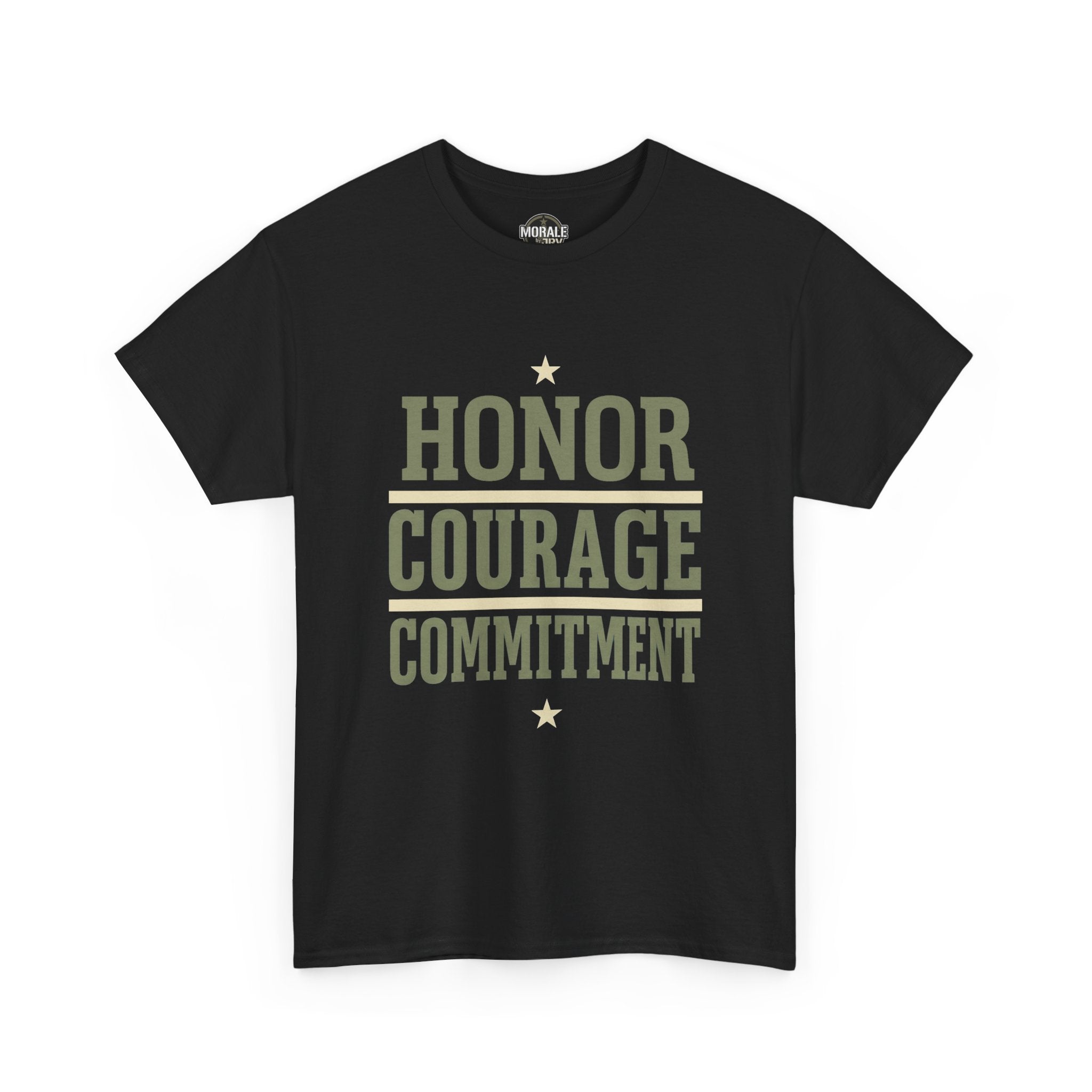 Black crewneck T-shirt with “HONOR COURAGE COMMITMENT” graphic and small stars.