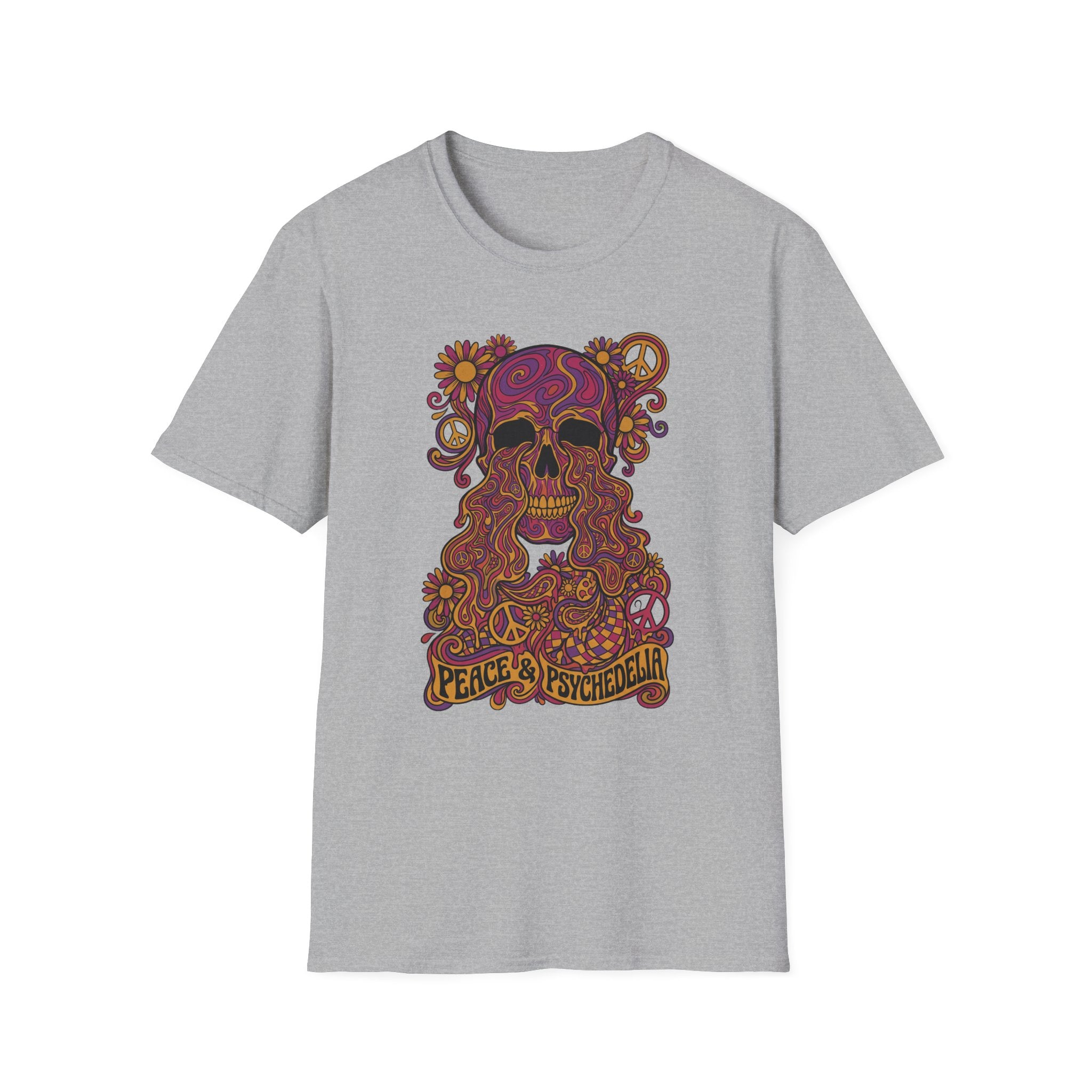 Skull T-shirt in gray with colorful floral psychedelic skull graphic and peace slogan
