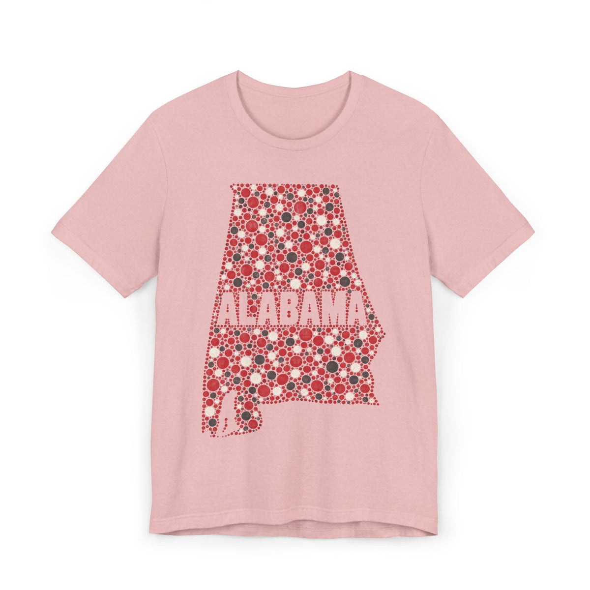 Pink Alabama graphic T-shirt with red dotted state outline and “ALABAMA” text